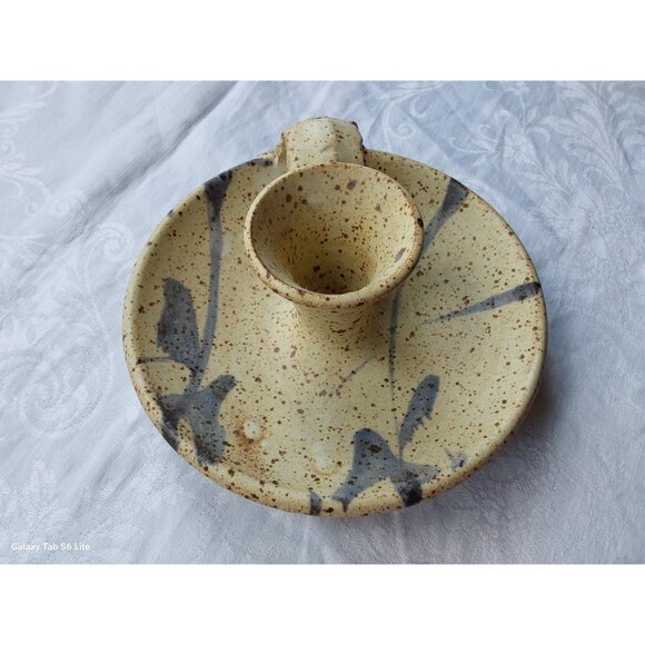 Vintage studio pottery candle holder with handle speckled glaze with blue motif - Picture 6 of 7